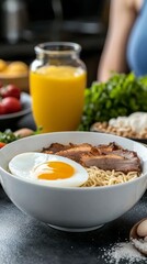 Ramen Bowl with Soft Boiled Egg and Pork Slices Surrounded by Fresh Ingredients