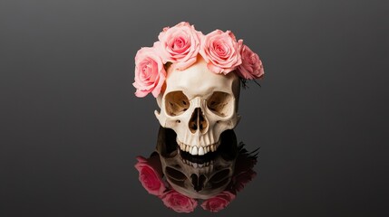 A decorative skull adorned with pink roses, reflecting on a dark surface, symbolizing the juxtaposition of life and death.