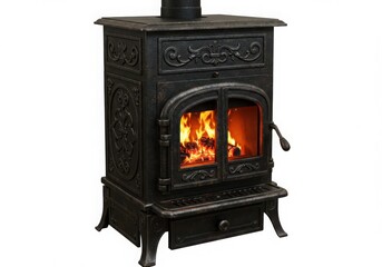 A cast iron wood burning stove with a fire burning inside on a white background studio shot