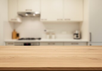 Wooden Kitchen Countertop with Blurred Kitchen Interior Background. Ideal for Food and Product Display.