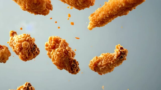 Grilled chicken legs, drumsticks falling in the air, isolated on gray background, food concept. Crispy fried chicken nuggets levitation. Roast chicken strips, pieces flying in the air. Dynamic scene