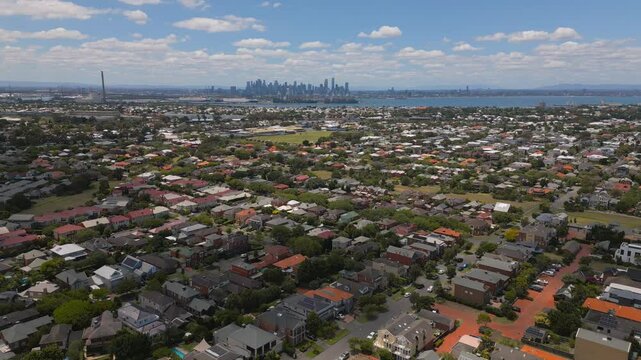 Aerial footage of the approach towards Melbourne Cityskyline from the Jawbone Marine Sanctuary in Williamstown, Melbourne in Victoria, Australia.