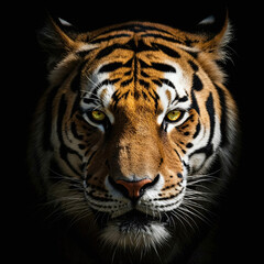 Majestic Tiger Portrait in Dramatic Light Against Black Background: Intense Gaze, Golden Eyes, and Detailed Stripes for Wildlife, Conservation, and Power Themes