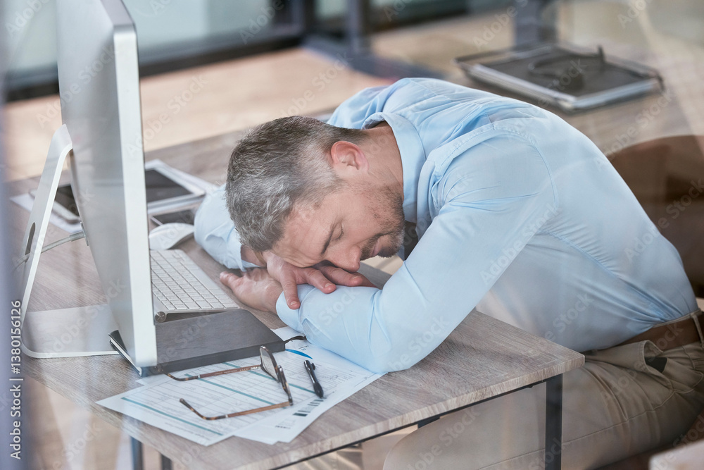 Poster tired, desk and businessman in office with fatigue for working on deadline, project and online repor