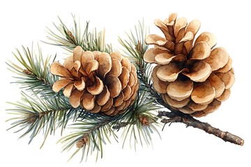 Fototapeta premium Watercolor Illustration Of Two Pine Cones And Evergreen Branch On White Background