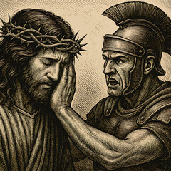 Fototapeta premium Roman Soldier Comforting Jesus Crown of Thorns Biblical Art Religious Artwork
