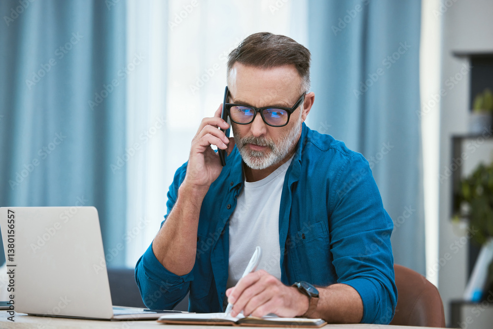 Poster man, phone call and home office writing in notebook, mature and business person or taking notes with