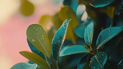 Obraz premium Dew-Kissed Leaves: A Symphony of Green