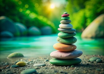 Obraz premium Balanced Stones on Pebble Beach, Shallow Depth of Field, Green Blurred Background