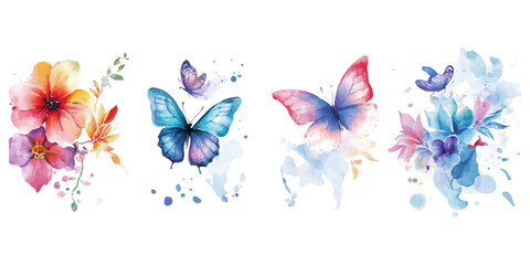 Watercolor vector design set of various watercolor-style floral and butterfly tattoo designs, isolated on a white background.