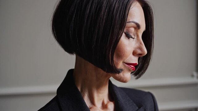 striking close-up of a mature woman with a sophisticated bob haircut and bold red lipstick, exuding quiet strength and timeless beauty. She wears a dark, textured blazer  