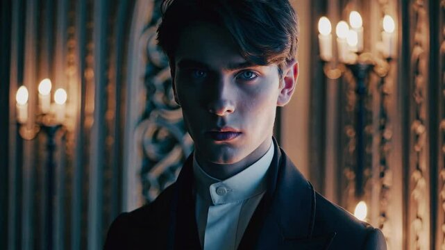cinematic mid-shot of an extraordinarily beautiful young man standing alone in a dimly lit gothic hall, dressed in a black tailored coat over a waistcoat and open-collared white shirt.  