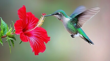 Fototapeta premium A tiny hummingbird hovers near a vibrant red flower for nectar