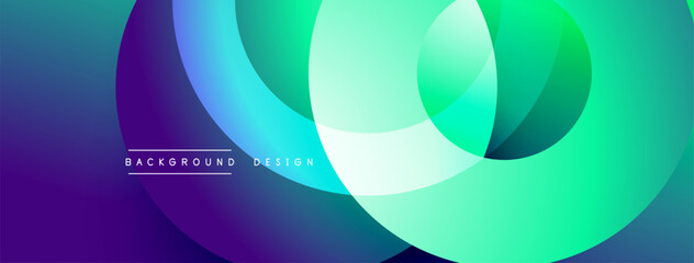 Abstract vibrant circles overlap creating dynamic gradient effect. Modern design, smooth transitions, cool tones dominate composition. Minimalist aesthetic.
