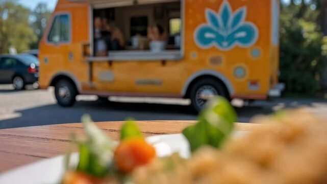 Ensalada de cusc&uacute;s servida frente a food truck colorido en exterior