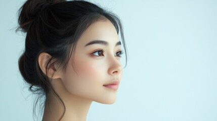 portrait profile young beautiful Asian woman 20-25 years old hair up white studio background