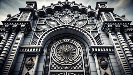 Fototapeta premium Black and White Decorative Architectural Detail, Geometric Pattern, Ornate Design, Vintage Building Facade