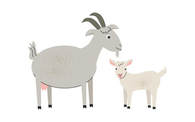 Cute vector goat with kid. Goat in hand drawn style. Farm animal. White isolated background