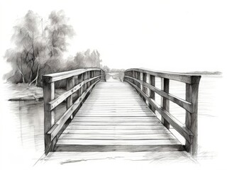 Obraz premium an AI Image Generator, Detailed Sketch of a Wooden Bridge Over