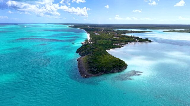 Panoramic aerial view of the beautiful Exuma Point Beach at the northern point of the island, The Bahamas, Caribbean