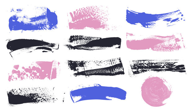 Set of abstract brush stroke paint background pink, blue, black grunge paint roller on art canvas. Black stripes, paintbrush set. Modern art textured shape. Vector distressed banner, frames, boxes.