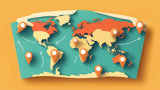 World map with travel markers and directional arrows illustrating global travel routes and connections - Powered by Adobe