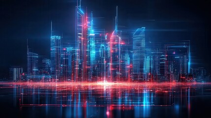 Fototapeta premium This image depicts a futuristic highly advanced city skyline with towering skyscrapers glowing neon lights and a digital technological aesthetic The scene has a visually striking