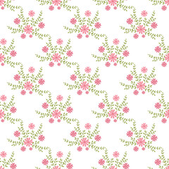 Seamless Pattern of Pink Floral Motifs With Elegant Green Leaves on White