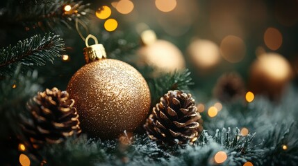 Glistening gold ornament amidst pine needles with lights and pine cones; holiday theme
