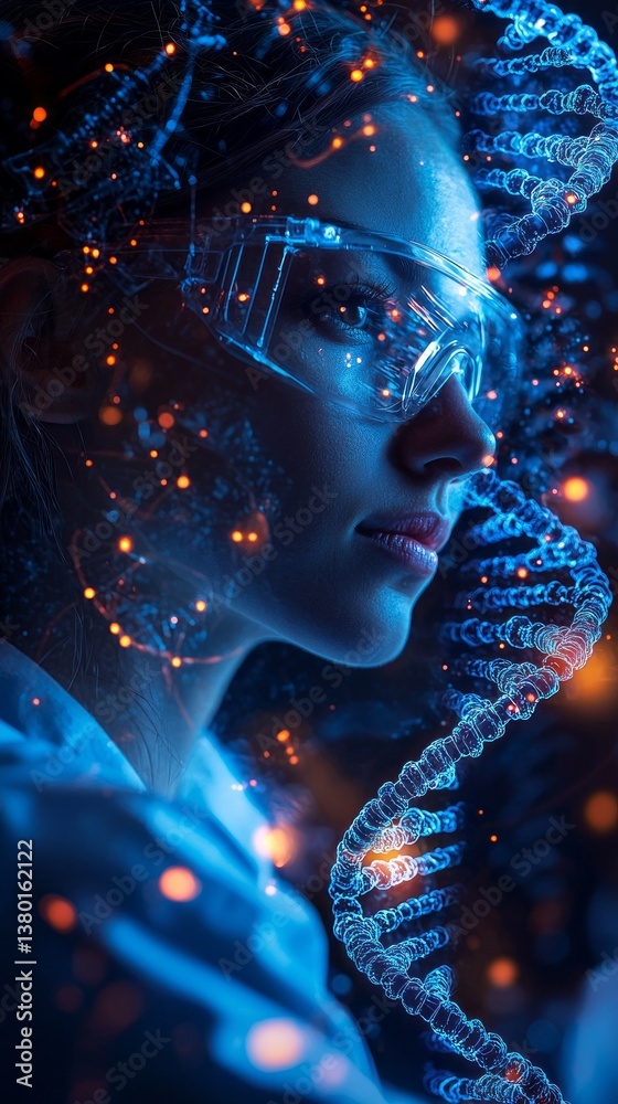 Poster In a high-tech laboratory, a visionary scientist examines genetic structures, surrounded by glowing data and DNA strands. Luminous particles enhance the atmosphere of discovery and innovation