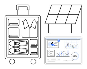 Travel suitcase arranged with clothing and shoes, solar panel generating energy, digital dashboard with performance data graphs. Ideal for sustainability, travel, energy management, data analytics