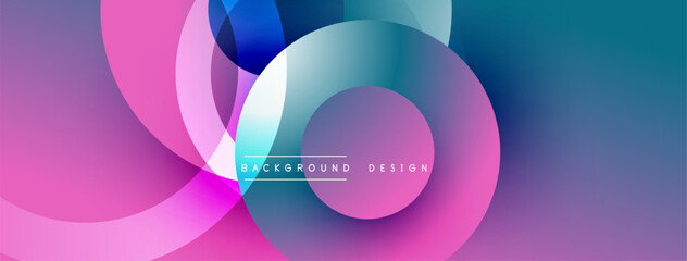 Abstract vibrant circles overlap creating dynamic gradient effect. Smooth transitions between purple, pink, blue hues. Modern design element.