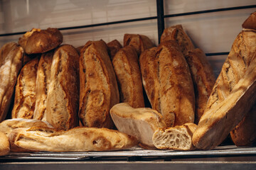 Delicious baguettes displayed in a bakery on the south of France