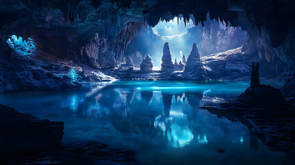 Enchanted Cavern: The Serene Symphony of Light and Rock in an Underground World