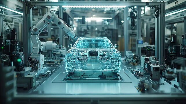 Futuristic automotive assembly line showcases a digital vehicle production process