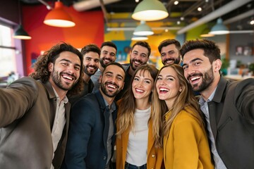 Selfie et groupe de personnes d’affaires au bureau prenant des photos pour les réseaux sociaux. Portrait de diversité, collaboration et amis heureux, hommes et femmes riant et prenant une photo