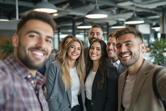 Selfie et groupe de personnes d’affaires au bureau prenant des photos pour les réseaux sociaux. Portrait de diversité, collaboration et amis heureux, hommes et femmes riant et prenant une photo