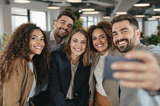 Selfie et groupe de personnes d&rsquo;affaires au bureau prenant des photos pour les r&eacute;seaux sociaux. Portrait de diversit&eacute;, collaboration et amis heureux, hommes et femmes riant et prenant une photo