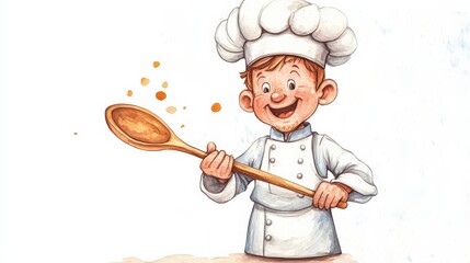 A whimsical illustration of a cheerful young chef holding a wooden spoon, embodying the passion for cooking and the joy of creating delightful culinary dishes.