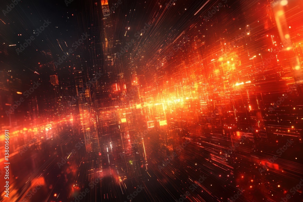 Poster dynamic abstract representation of digital data flow in vibrant red and orange tones