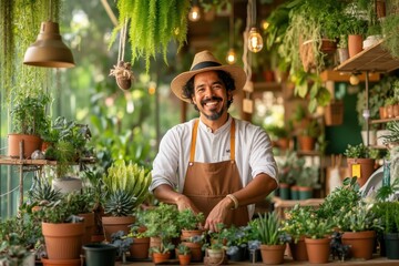 Obraz premium A man in an apron and hat standing in front of a variety of plants
