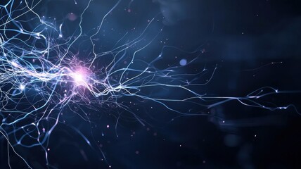 Abstract depiction of neural connections with electric impulses on a dark background.