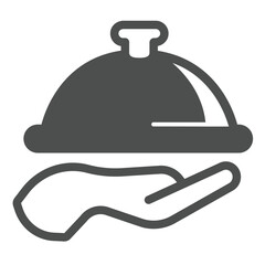 Hand and dish with lid solid icon, culinary cooking concept. Vector graphics. Dish plate on hand, food service sign on white background, glyph style icon for mobile or web design.
