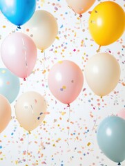 Floating pastel balloons and colorful confetti create a cheerful celebration atmosphere on a bright white background