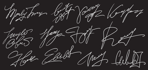 Set of Hand written signature. Different example signatures isolated in black background. Vector illustration set of hand drawn name imprint. Collection of signatures, handwriting, autographs.