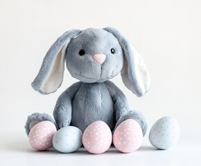 Grey bunny plush toy with pastel eggs