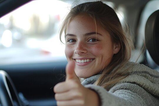 Driving school. Happy lady showing thumbs up sitting inside car on drivers seat, woman making approval gesture, got her driving license, Generative AI