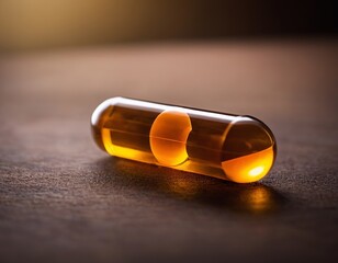 Close-up of an amber-colored capsule resting on a wooden surface, illuminated by warm ambient light.