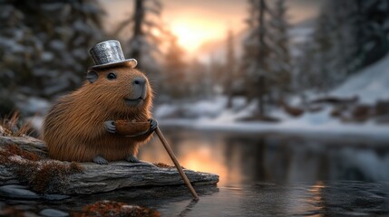 Cheerful capybara dressed in a silver top hat and holding a cane with a bowl, radiating joy against a clean white backdrop.