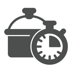 Cooking pan and clock solid icon, culinary cooking concept. Vector graphics. Food timer with soup pot sign on white background, glyph style icon for mobile or web design.